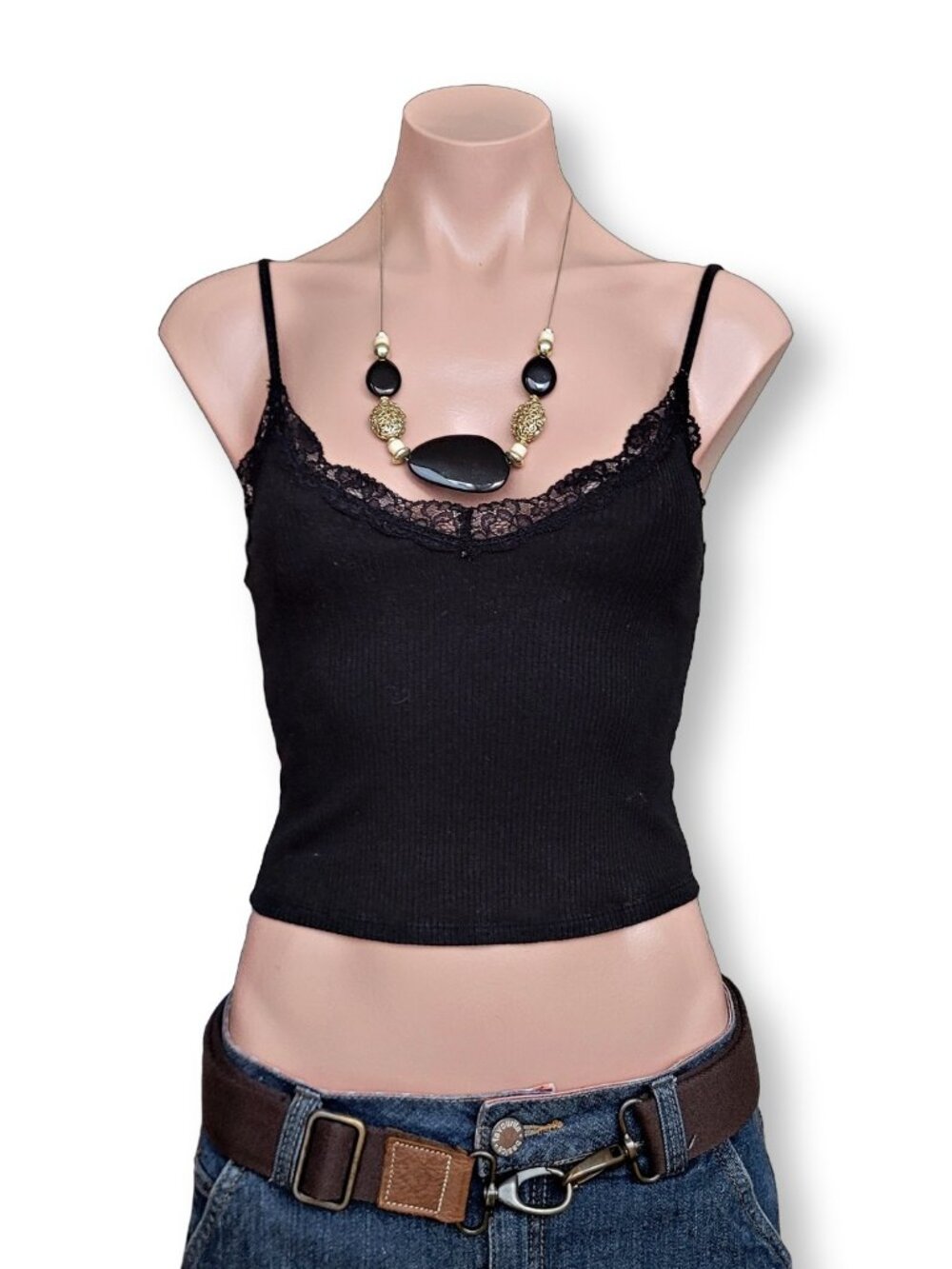 Garage Black Ribbed Lace Trim Camisole Top Y2K Basic Tank (S)